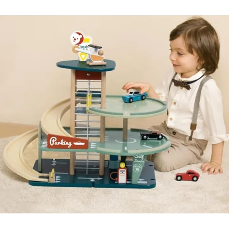 Classic World Parkhaus Vintage, Spiel-Parkhaus mit Heli und 3 Autos, 55x30x46,8cm, Holz und Bioplastik, ab 3 Jahre – Bild 2