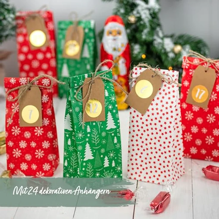 Papierdrachen Adventskalender 2025, DIY Weihnachtskalender zum Befüllen mit 24 bedruckten Geschenktüten in Rot und Grün, inklusive Zahlenaufkleber & Klammern, wiederverwendbar – Bild 2