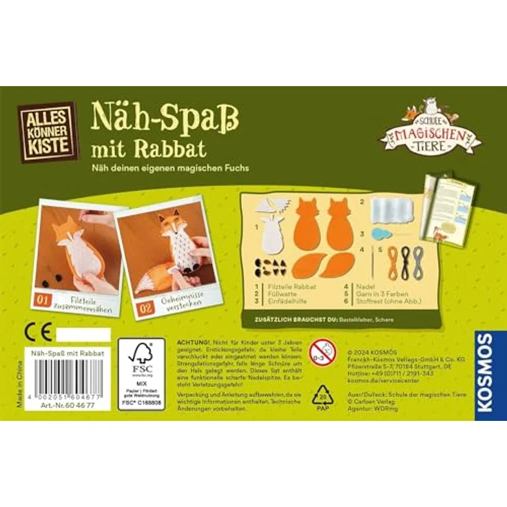 Kosmos 604677 Die Schule der magischen Tiere Nähspaß mit Rabbat, AllesKönnerKiste Nährset für Kinder, Bastelset ab 8 Jahren mit Fuchs Rabatt aus den Schule der magischen Tiere Büchern – Bild 2