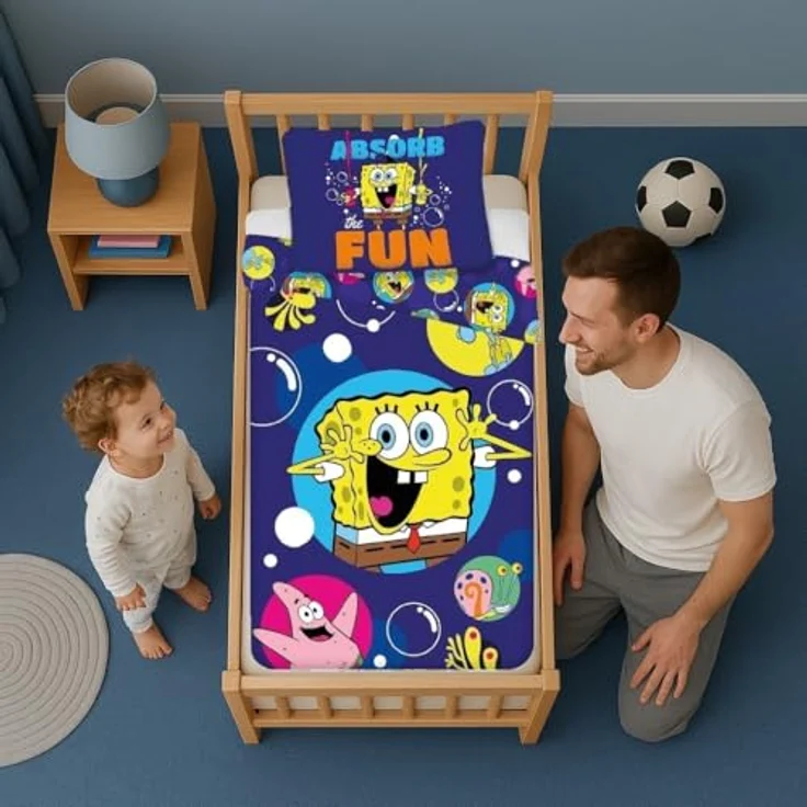 BrandMac Spongebob Babybettwäsche 100x135 + Kissenbezug 40x60, 100% Baumwolle, Wendbares Design für Jungen, Pflegeleicht und atmungsaktiv – Bild 2