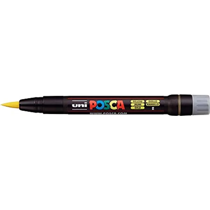 Uni Posca Pinselstift PCF - 350, Lackmarker für Glasmalerei, 8 mm, Gelb, ungiftig auf Wasserbasis