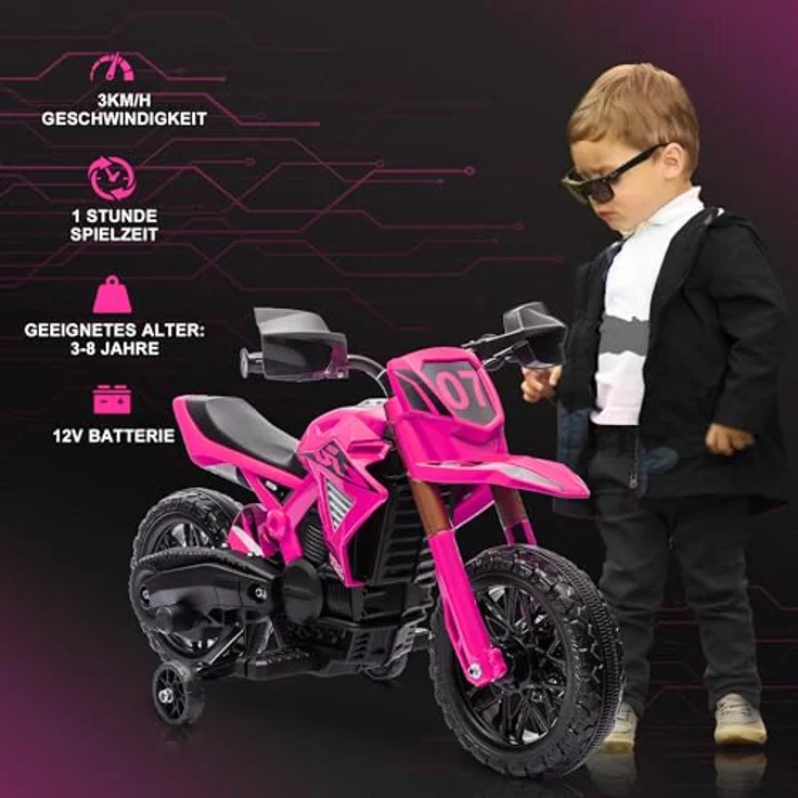 AIYAPLAY 12V Elektro Kinder Motorrad, Kindermotorrad mit Stützrädern und Hupe, für 3-8 Jahre, max. 30 kg, Rosa – Bild 3