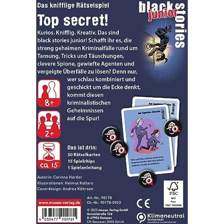 moses. black stories junior Top secret! - 50 Rätsel rund um streng geheime Kriminalfälle, Rätsel Kartenspiel mit Spielvariante und Punktechips, Rätselspiel für Kinder ab 8 Jahren – Bild 3