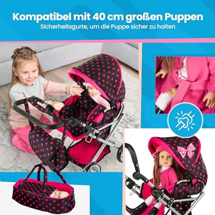 Kinderplay Kinderwagen Spielzeug - 3 in 1 Puppenwagen mit Tragetasche, Höhenverstellbar 34.5 cm bis 64 cm, KP0200G, in Grün – Bild 5