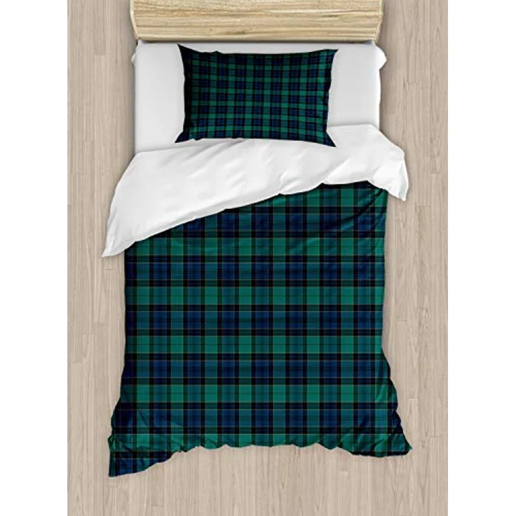 ABAKUHAUS Schottenkaro Bettbezugs Set für Einzelbetten, Scottish Folklore-Muster, Milbensicher Allergiker geeignet mit Kissenbezug, 130 x 200 cm, Dunkelgrün Schwarz – Bild 1