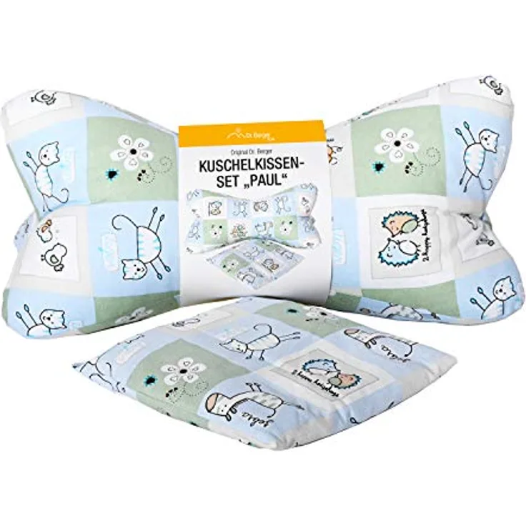Dr. Berger Kinderkissen Set Paul, ergonomisches Lesekissen und Nackenkissen mit Bio-Lavendel und Kirschkernkissen, 100% Baumwolle, grün