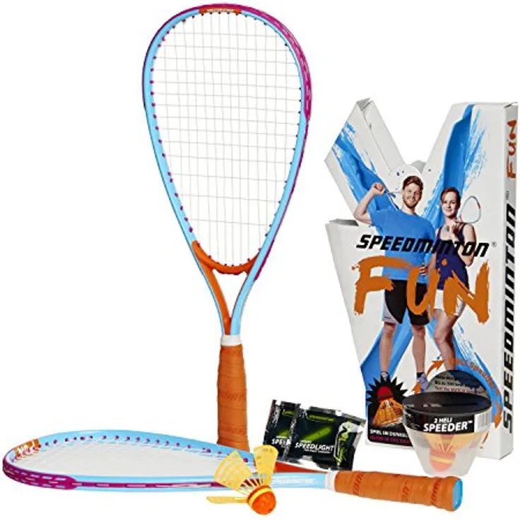 Speedminton 505586 FUN Set - Alternative zu Beachball/Federball inkl. 2 HELI Speeder für Strand, Park, Garten, HELLBLAU/ORANGE