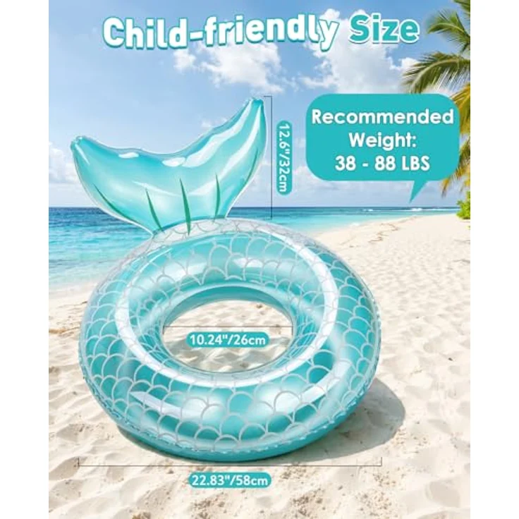 HeySplash Aufblasbarer Schwimmring im Meerjungfrau-Design, PVC Schwimmreifen für Kinder/Erwachsene, blau, max. 88 Lbs – Bild 2