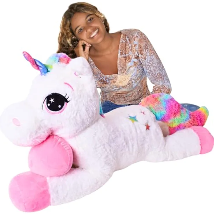 TE-Trend XXL Einhorn Kuscheltier 110cm Weiß mit Regenbogen Schweif und Horn