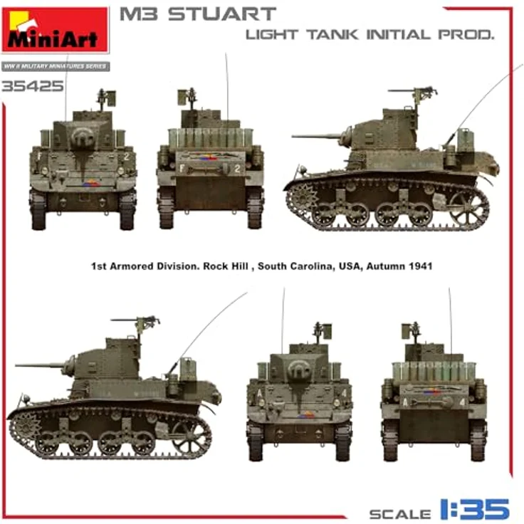 Other 1:35 M3 Stuart leichter Panzer, Modellfahrzeug mit beweglichen Kettengliedern und Decals für vier Varianten – Bild 16