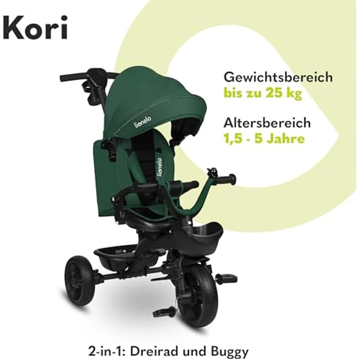Lionelo Kori Dreirad mit Schubstange für Kinder ab 1,5 bis 5 Jahre, drehbarer Sitz, Magnesium-Rahmen, wartungsfreie Gummiräder, abnehmbares Vordach – Bild 2