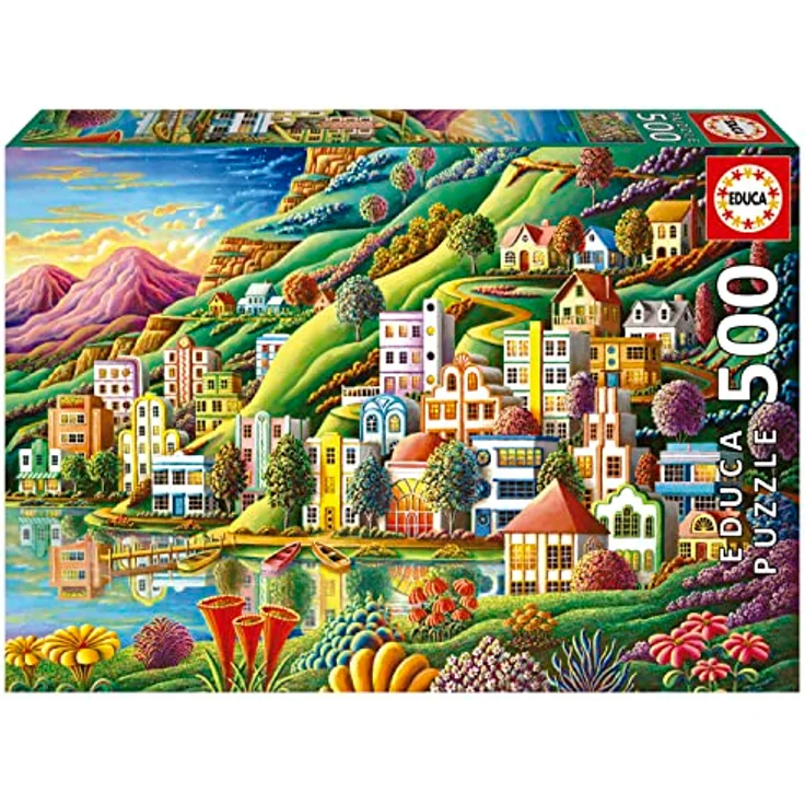 Educa Puzzle 500 Teile "Buntes Dorf am See", hochwertige Landschaftsillustration für Erwachsene und Kinder ab 11 Jahren, 48 x 34 cm – Bild 1