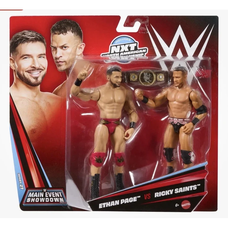 Mattel WWE Main Event Showdown Ethan Page gegen Ricky Saints Actionfiguren-Set, Serie Nr. 27, ca. 15 cm groß, beweglich, Mehrfarbig, mit TrueFX-Technologie