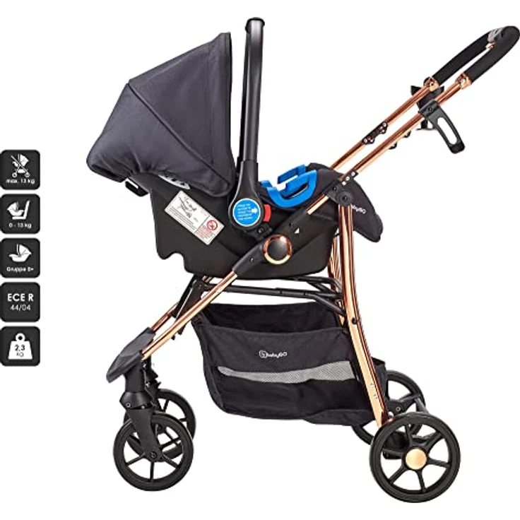 BABYGO Kinderwagen 3 in 1 Styles - Kombikinderwagen Komplettset mit Babywanne, Buggy Sportsitz und Auto-Babyschale - Wickeltasche/Regenschutz/Matratze - Schwarz/Rosegold – Bild 5