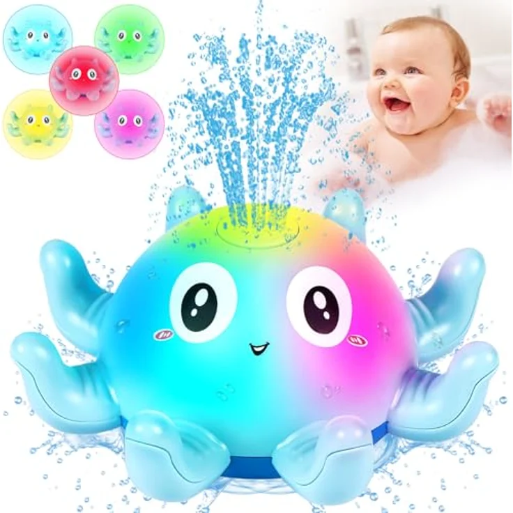 Jiosdo Oktopus Badespielzeug, Spray Wasserspielzeug mit Licht, leuchtend, aus ABS-Material, für Baby und Kinder, Blau – Bild 1