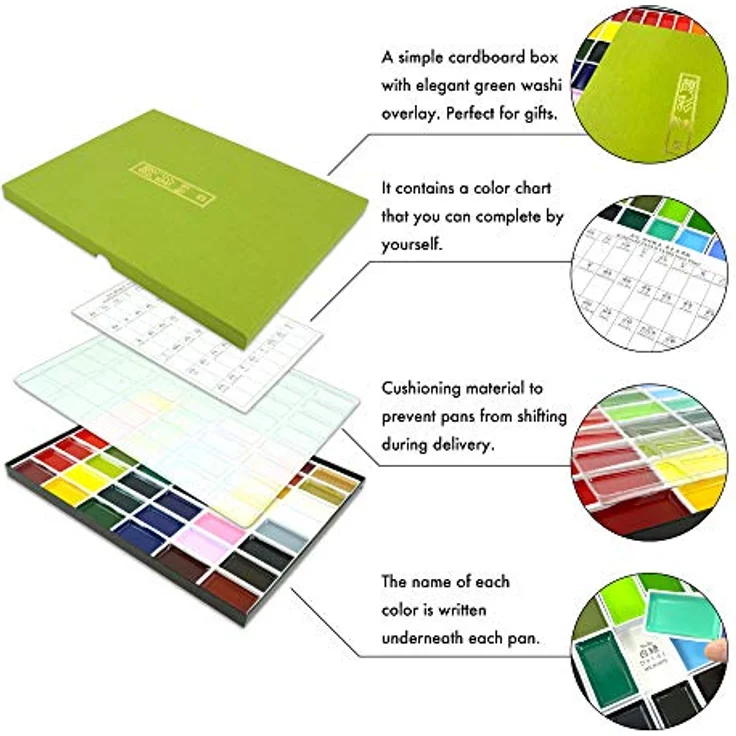 Kuretake Gansai Tambi Aquarellfarben, 48 Farben Set mit großformatigen Pans und Palette, wasserbasierte Pigmente in eleganter Eco-Verpackung – Bild 3