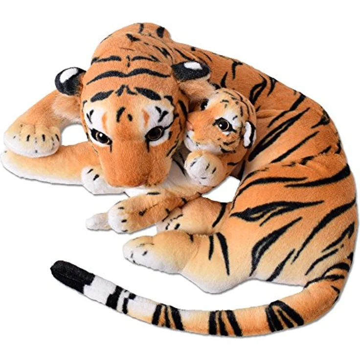 TE-Trend 2in1 XL Plüsch Tiger mit Tigerbaby, liegendes Kuscheltier aus braun getigtem Plüsch, 60 cm groß – Bild 2