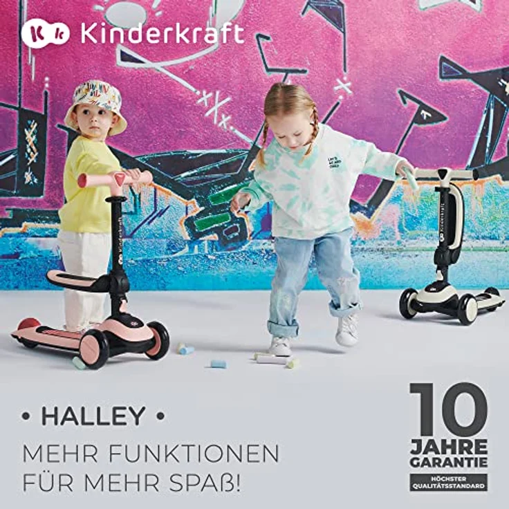 kk Kinderkraft Halley Scooter 2 in 1, Kinderroller ab 1 Jahr bis zu 50 kg, Tretroller, Dreirad Roller mit Klappbar Sitz, LED Räder, Höheverstellbare Lenker, Zusammenklappen, Modernes Design, Weiß – Bild 2