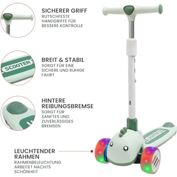 Habib Gruppe Kinderroller Tretroller 3-Rad LED Roller, Höhenverstellbar & Faltbar, Tierdesign, Grün, für Mädchen & Jungen (3-8 Jahre) – Bild 2