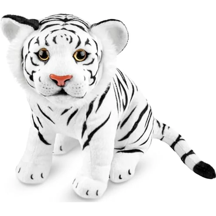 BRUBAKER Tiger Kuscheltier - 30 cm Stofftier - Baby Plüschtier Raubkatze Sitzend - Kinder Plüsch Spielzeug - Weiß – Bild 1