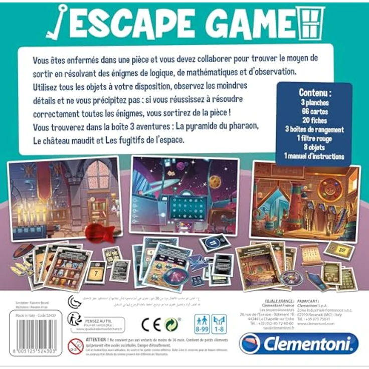 Clementoni Escape Game 52430, Brettspiel mit 3 Abenteuern (Weltraum, Pharaonengrab, Schloss), Mehrfarbig, Französisch – Bild 3