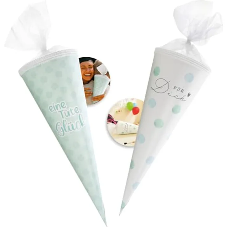 com-four® 2X Schultüte 40cm, Geschwisterschultüten aus Pappe mit Tüllverschluss, Zuckertüte für die Einschulung, Geschenkverpackung für Schulanfänger, Design-Auswahl variiert
