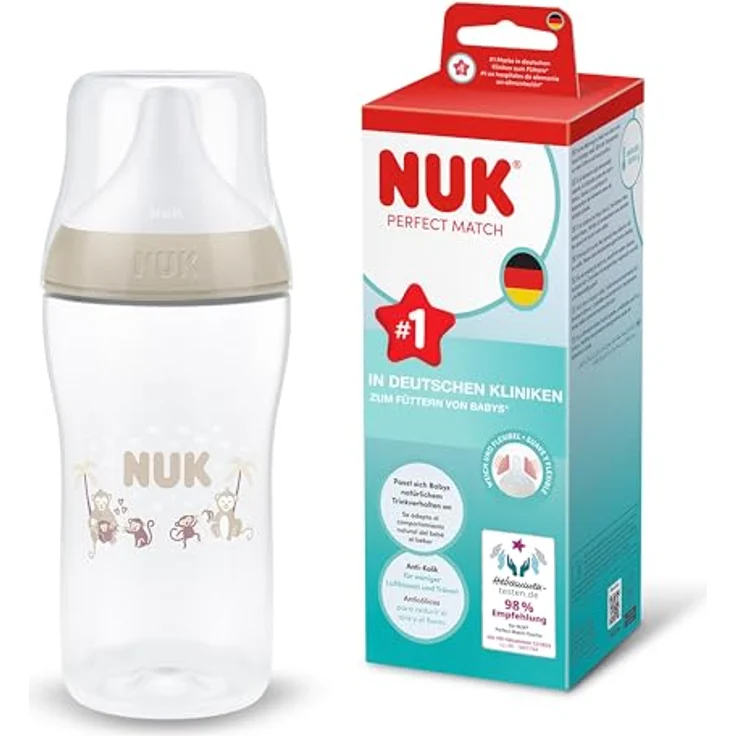 Nuk PP-Flasche Perfect Match + Silikon-Sauger 260 ml, Affen Motiv, Größe M, BPA-frei, Temperaturkontrolle, Anti-Colic-Ventil – Bild 1