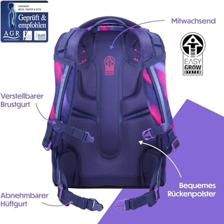 Coocazoo Mate Schulrucksack „Aurora Glow”, ergonomischer & anpassbarer Tornister, höhen- & größenverstellbar, lila, mit Brustgurt & Hüftgurt, für die 3. Klasse – Bild 4