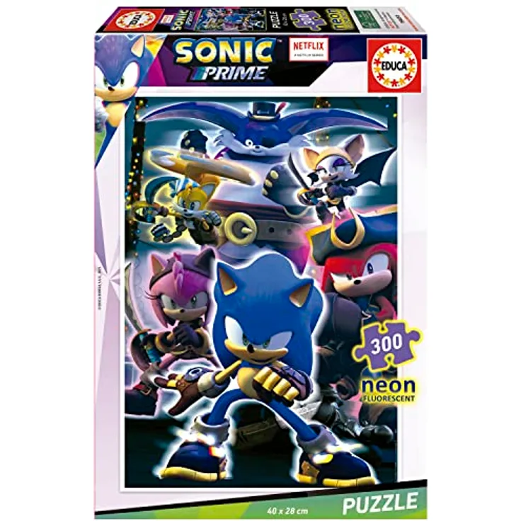Educa 19630, Sonic Prime Neon Puzzle mit fluorezierenden Farben, nachtleuchtend, 300 Teile, für Erwachsene und Kinder ab 8 Jahren