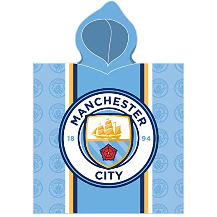 BERONAGE Manchester City Kinder Kapuzen Bade-Poncho Logo Blau 60 x 120 cm 100% Baumwolle Veloursqualität Fußball Etihad Stadium Football Citizens – Bild 2