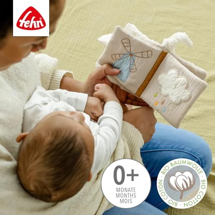 Fehn Greifspielzeug fehnNATUR, Stoffbuch Schaf aus Bio-Baumwolle mit Quietsche, Raschelpapier und Spiegel für Babys ab 0 Monaten – Bild 3