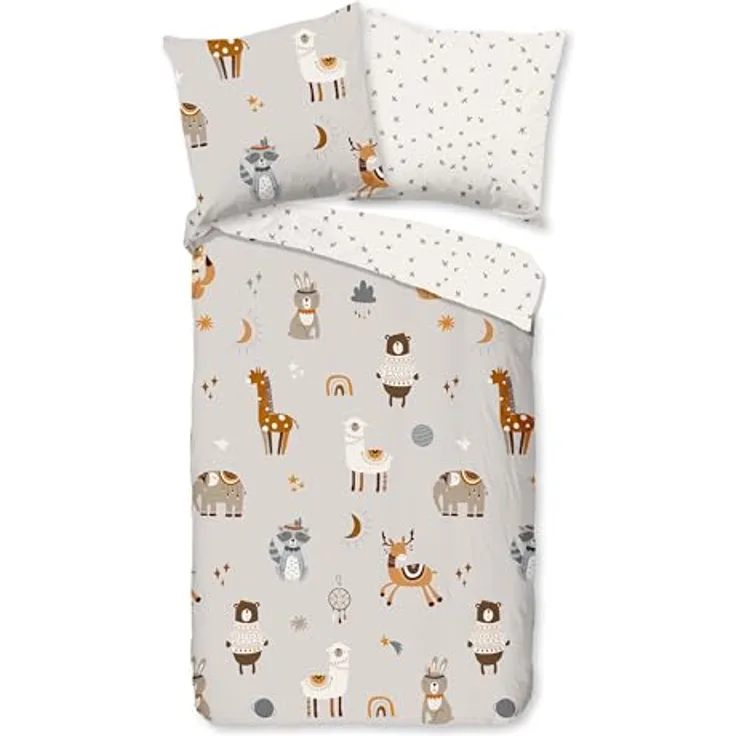 Good Morning Kinder Bettwäsche 135x200 Woody Tiere Vintage Indie Silber 31020, 100% Baumwolle, mit Reißverschluss, Öko-Tex Standard 100