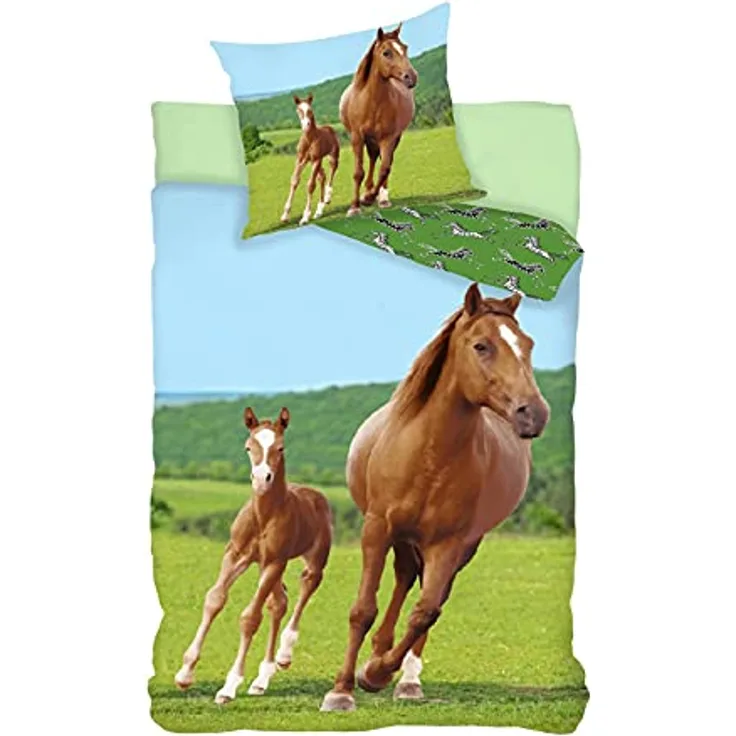 BrandMac Pferde Wende-Bettwäsche-Set 135x200 80x80 Baumwolle Mädchen Horse Kinderbettwäsche