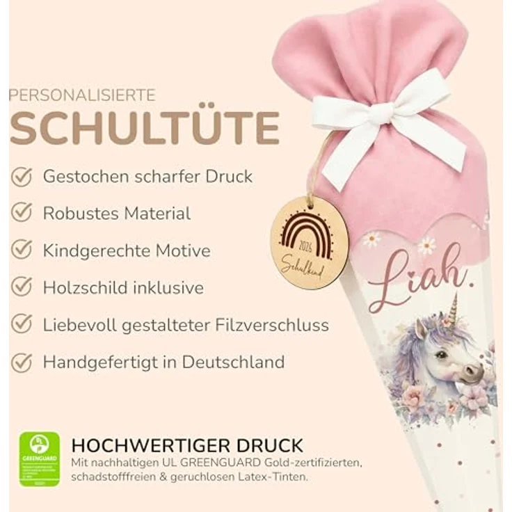 Kidsmood personalisierte Schultüte Einhorn (Rosa), Zuckertüte mit Holzschild „Schulkind 2026“, inkl. Rohling und Filz-Stoff, ideales Einschulungsgeschenk für Mädchen und Jungen 2026 – Bild 5