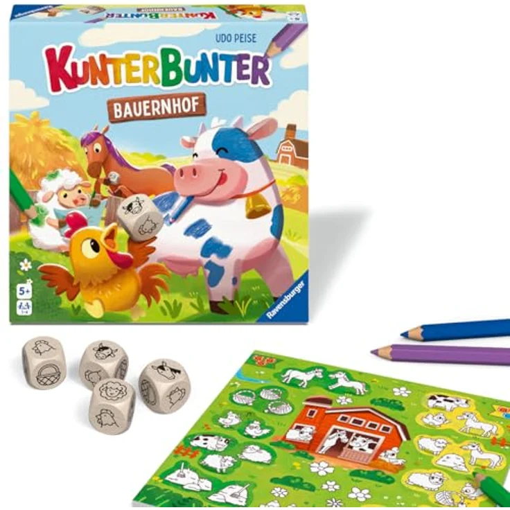 Ravensburger Kunterbunter Bauernhof 24761 - Würfelspiel zum Ausmalen für 1-4 Kinder ab 5 Jahren, inkl. hochwertiger Buntstifte – Bild 1
