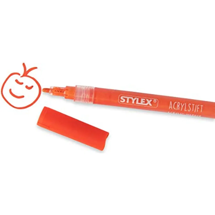 Stylex 32817 - Acrylstifte, 6 Stück, in den Farben gelb, rot, blau, grün, schwarz, weiß, Strichstärkte 1 - 2 mm, in praktischer Faltschachtel, zum dauerhaften Beschriften von Stein, Glas und Stoff – Bild 3