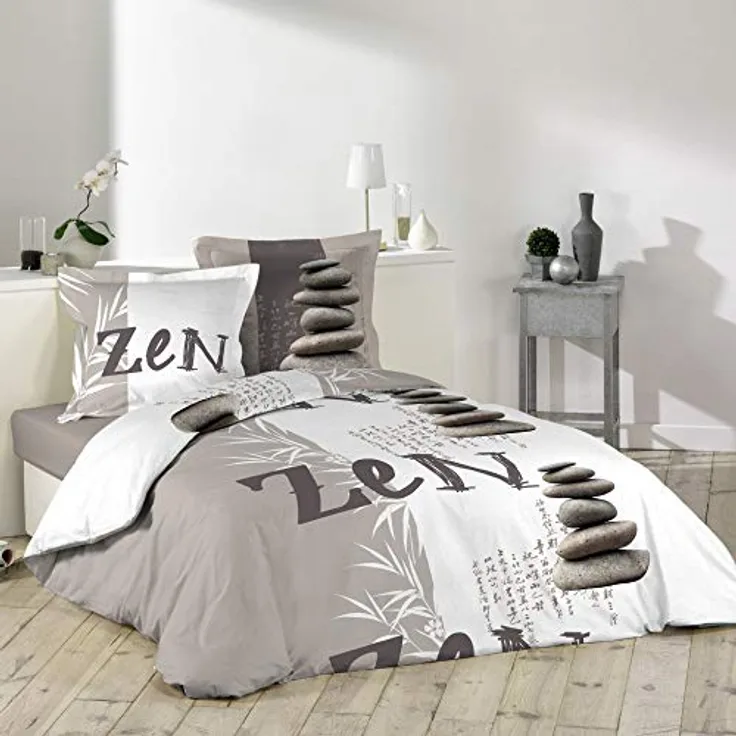 Dynamic24 3tlg. Bettwäsche 240x220cm cm Zen Japan asiatisch Steine Taupe 100% Baumwolle Bettdecke Übergröße Bett King Queen Size mit 2 Kissenbezügen und 1 Bettdeckenbezug