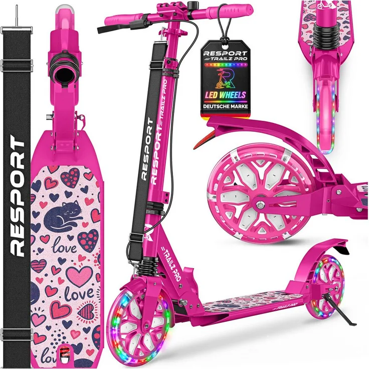 RE:SPORT Cityroller RE:SPORT® Trailz Pro, höhenverstellbar & klappbar, mit LED-Rollen, Handbremse, Doppelfederung und Tragegurt, für Kinder & Erwachsene