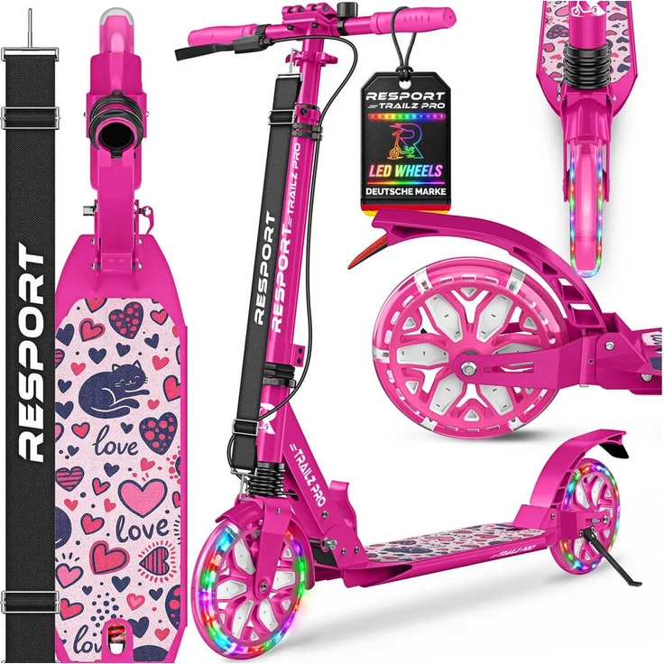 RE:SPORT Cityroller RE:SPORT® Trailz Pro, höhenverstellbar & klappbar, mit LED-Rollen, Handbremse, Doppelfederung und Tragegurt, für Kinder & Erwachsene