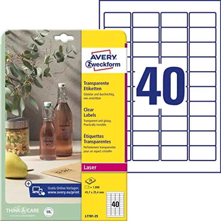 AVERY Zweckform L7781-25 transparente Etiketten (1.000 Klebeetiketten, 45,7x25,4mm auf A4, selbstklebend, Aufkleber zum Bedrucken, wetterfest, Beschriftungen/Produktaufkleber) 25 Blatt, durchsichtig – Bild 1
