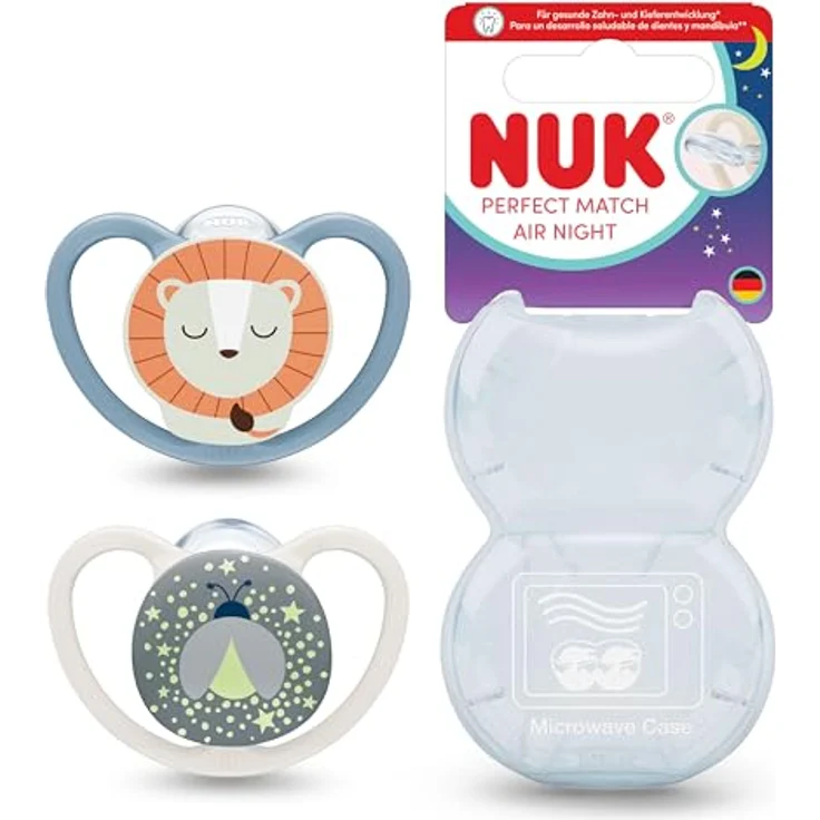 NUK Perfect Match Air Night Schnuller, leuchtende Beruhigungssauger für 0-6 Monate, fördert Luftzirkulation & verhindert Speichelrash, 95% Baby-Akzeptanz, Löwe, 2 Stück – Bild 1