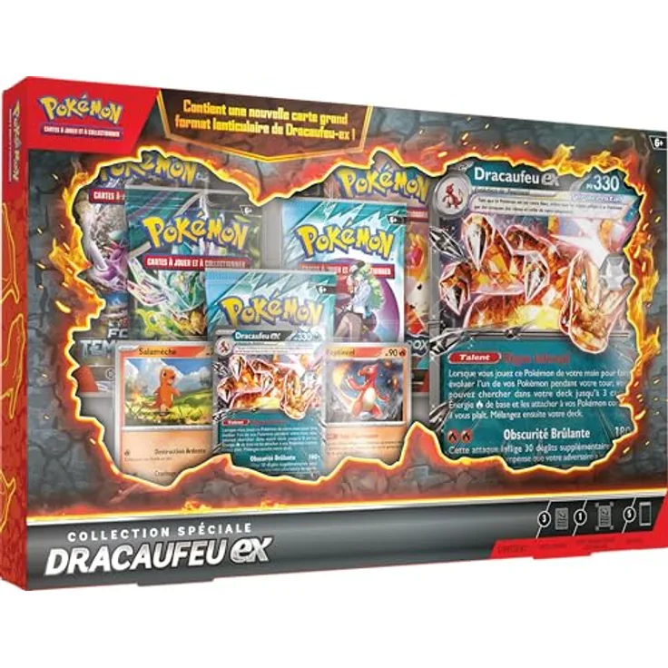 Asmodee Pokémon : Coffret Collection spé Dracaufeu-ex, inklusive Foil-Promokarte Charizard ex, zwei Foil-Karten Charmander und Charmeleon, fünf Booster Packs und oversized lenticular Karte