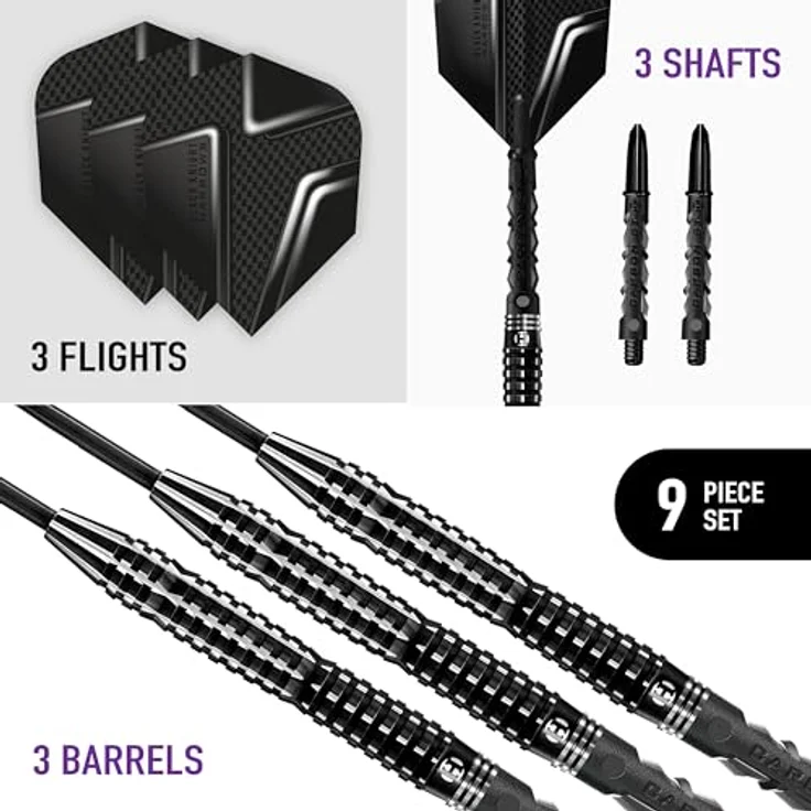 Harrows Black Knight Darts-Set, 90% Wolfram, 22g-25g, inklusive Black Carbon ST Midi-Schäfte und Micron Black Knight Flights (24g) – Bild 2