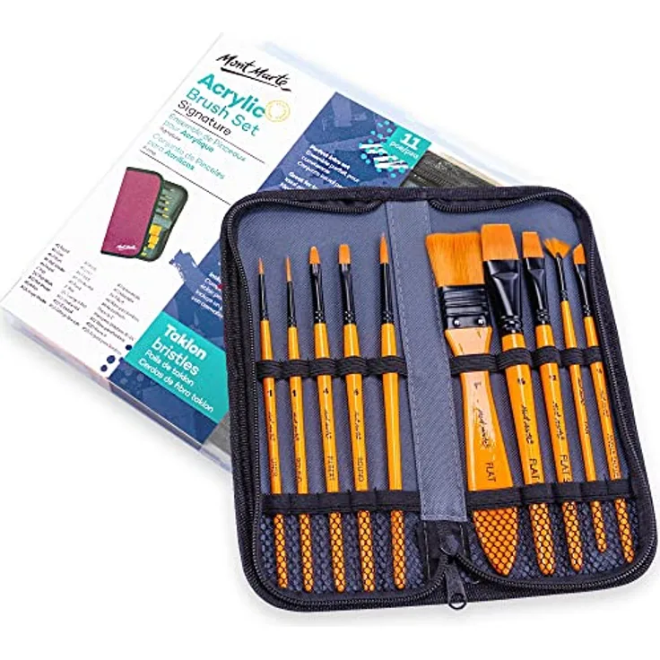 Mont Marte Pinselset für Acrylfarben, 10 Taklon-Pinsel mit Pinseltasche, ideale Grundausstattung für Künstler und Anfänger