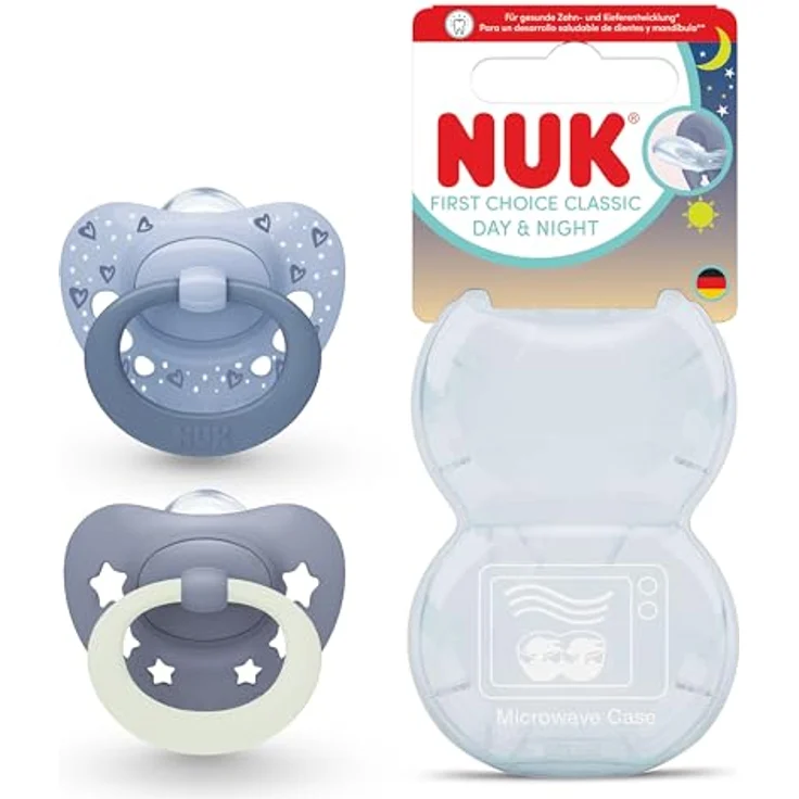 NUK First Choice Classic Day & Night Schnuller, orthodontischer Beruhigungssauger mit Nachtleuchtfunktion, 6-18 Monate, 95% Akzeptanz, blau, 2 Stück – Bild 1