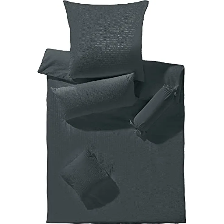 Erwin Müller Bettwäsche-Set Seersucker Uni Serie Rosenheim, Bettbezug, Kissenbezug - pflegeleicht, bügelfrei, mit Reißverschluss - anthrazit Größe 135x200 cm (40x80 cm)
