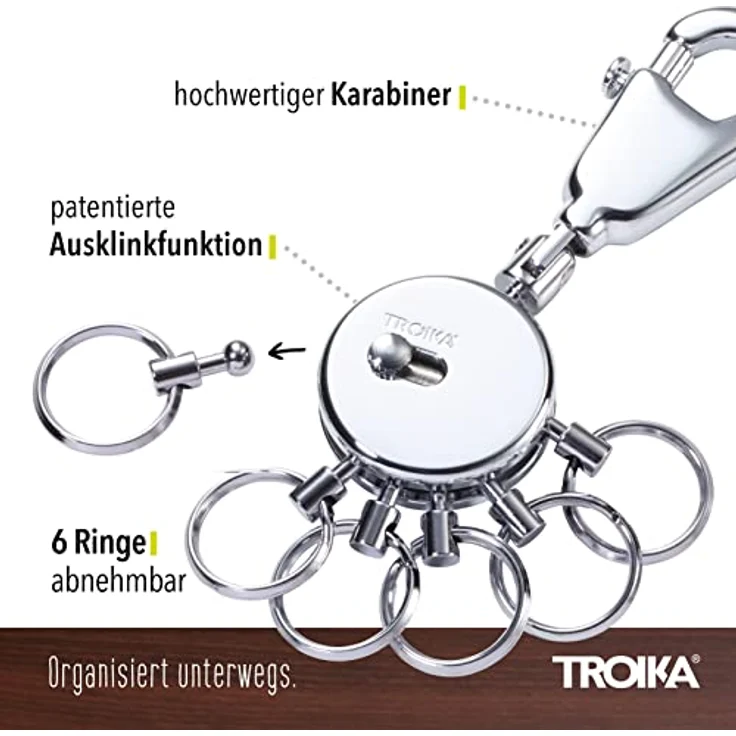 TROIKA PATENT GEOMETRIC WAVES Schlüsselhalter mit Karabiner und 6 ausklinkbaren Ringen, glänzend, edles Design – Bild 2