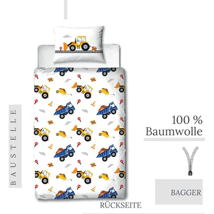 MTOnlinehandel TRAUMHELDEN Bagger Babybettwäsche 135x100 Flanell/Biber ☆ 1 Kissenbezug 40x60 + 1 Bettbezug 100x135 cm ☆ Baustelle Fahrzeuge ☆ Hochwertige Jungen-Bettwäsche mit Reißverschluss – Bild 5