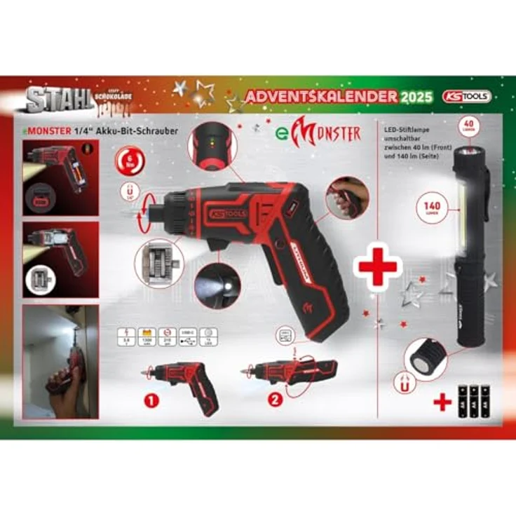 KS Tools eMONSTER Werkzeug Adventskalender, 27-teilig mit 1/4" Akku-Bit-Schrauber-Satz und Zubehör im Kunststoffkoffer – Bild 4