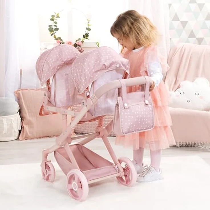 Bayer Design Zwillingspuppenwagen Twin XEO, Tandem Puppenwagen mit höhenverstellbarem Griff und Sonnendach, für Puppen bis 46 cm – Bild 3